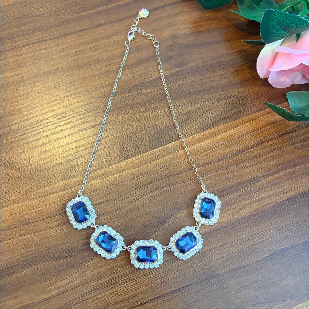 Monet JCPenney Bauble Bar Gold Necklace with Deep Blue Rhinestones